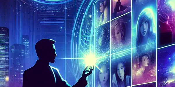 A stylish figure interacts with a glowing holographic screen of adult film thumbnails in a vibrant, neon-lit cityscape.