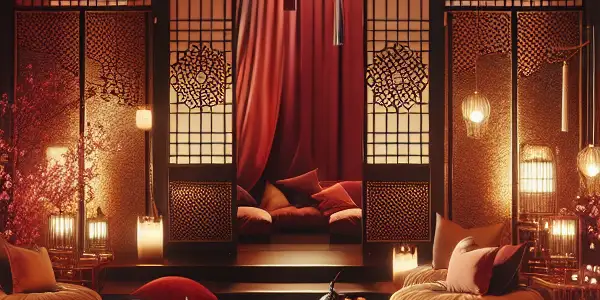 Luxurious Japanese-style lounge with plush seating, ambient lighting, and abstract hints of sensuality and diverse film genres.