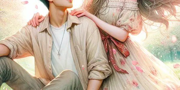 A young couple enjoys a romantic picnic under blooming cherry blossoms in a sunlit spring park.