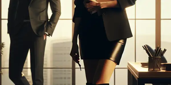 A confident female secretary in an elegant outfit stands in a modern office, with a charismatic male boss in the background.