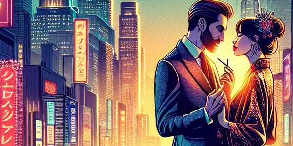 A romantic couple in a luxurious urban setting, with a vibrant city skyline and hints of Japanese culture.