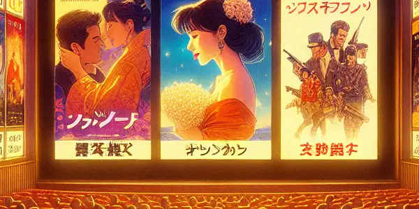 A vibrant movie theater showcasing Japanese AV and Western adult films, with colorful posters and captivated audience members.