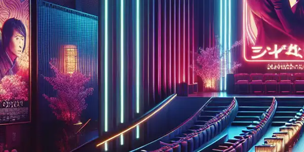 A modern Japanese movie theater with neon lights, featuring a couple watching a romantic film together.