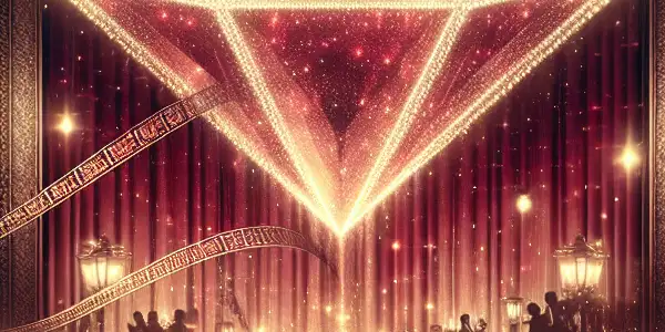 A luxurious cinematic setting featuring diamonds, film reels, and cherry blossoms, evoking intimacy and sophistication.