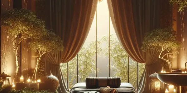 A serene, luxurious spa setting with a massage table, bamboo accents, and soft lighting, evoking relaxation and indulgence.