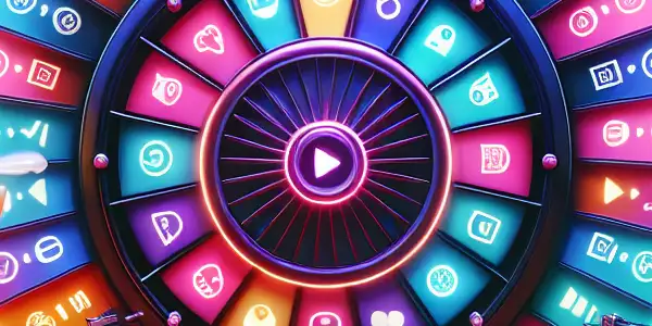 A vibrant digital raffle scene featuring a colorful lottery wheel and playful adult-themed icons in a high-tech environment.