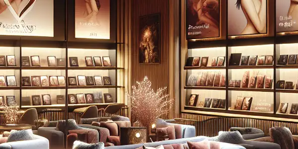 A modern adult entertainment shop featuring sleek displays, intimate seating, and sensual video screenings in a warm atmosphere.