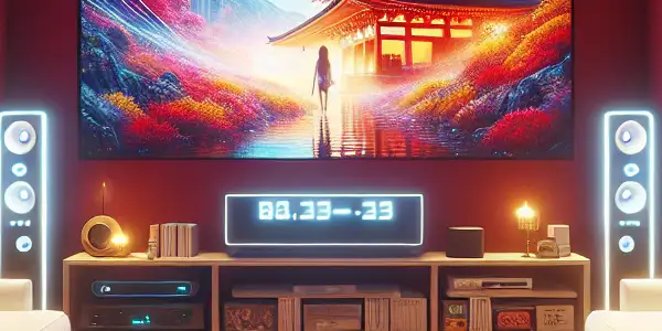 A cozy, high-tech home theater displaying a vibrant Japanese adult film on a large screen with inviting ambiance.