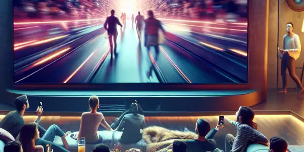 A diverse group of friends enjoying an immersive movie night in a modern, high-tech living room.