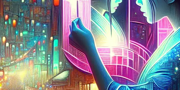 A mysterious figure in elegant attire gazes into a reflective surface amid a vibrant, neon-lit Japanese entertainment district.