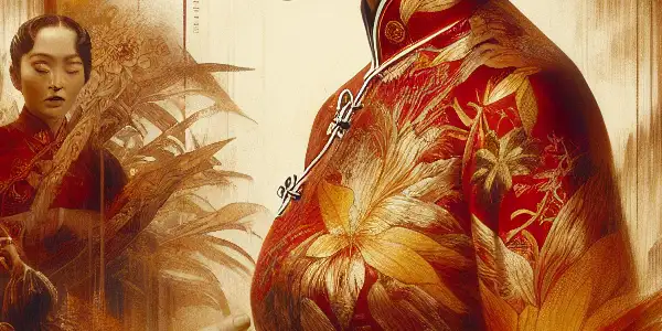 A legendary Chinese actress in a traditional dress, surrounded by film elements, evoking passion and complex emotions.