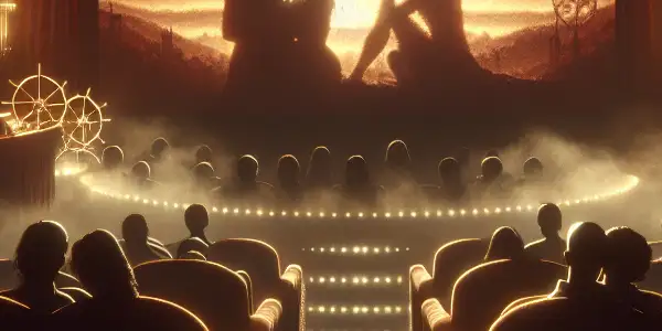 A cozy private screening room with plush chairs, glowing lights, and couples enjoying a romantic film.