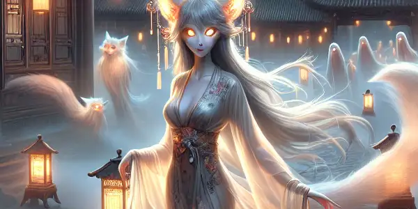A mystical ancient Chinese village at twilight featuring a captivating fox spirit surrounded by glowing lanterns and a distant admirer.