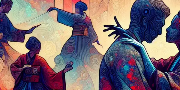 An abstract scene depicting intimate moments with vibrant colors, suggestive silhouettes, and Japanese elements like cherry blossoms.